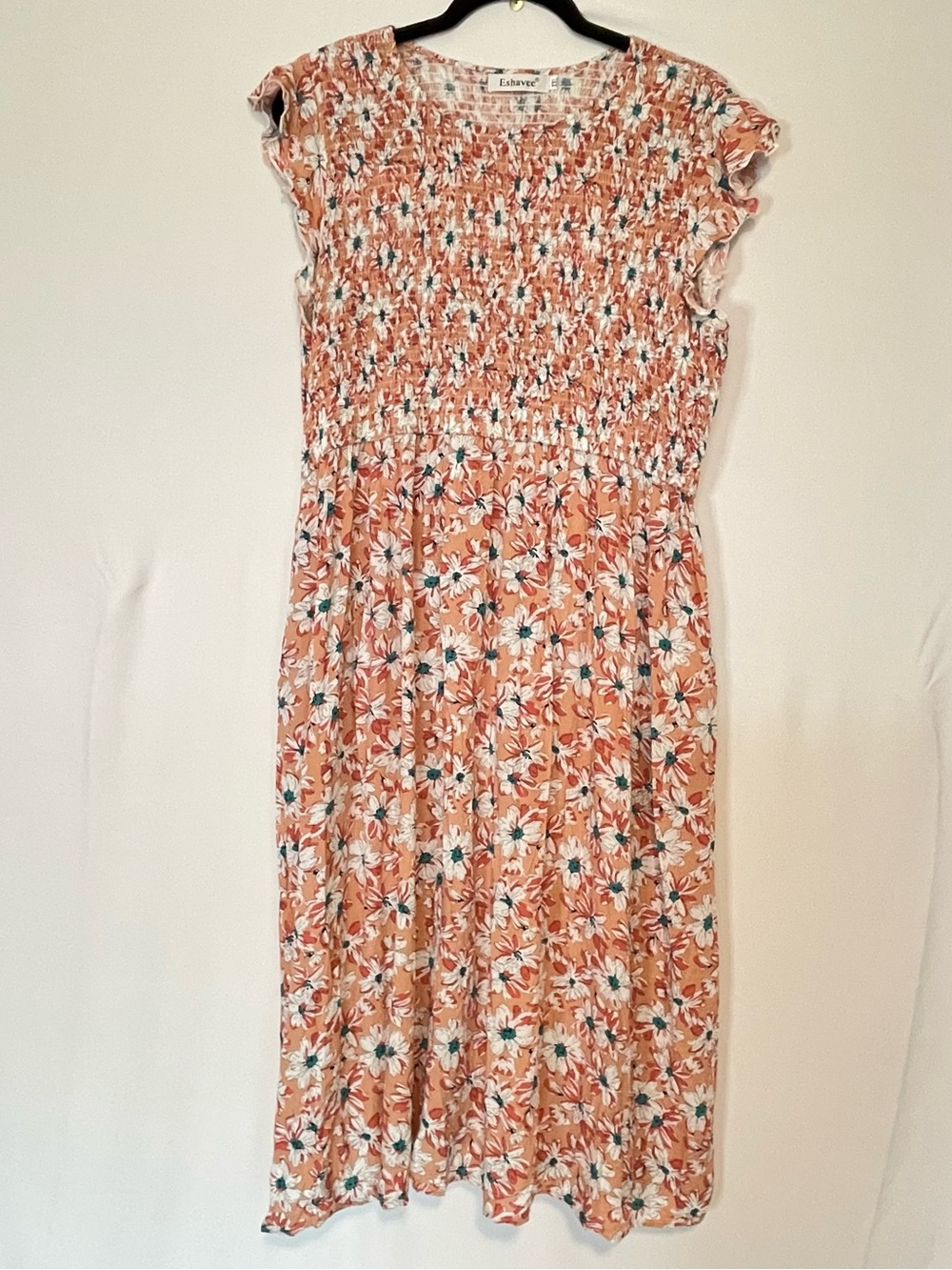Smocked Bodice Floral Midi Dress Peach Coral Teal White XXL